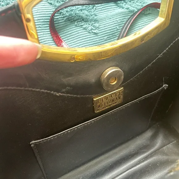 Stuart Weitzman Marbled Burgundy Patent Leather Crossbody with Gold Handle - Picture 5 of 8